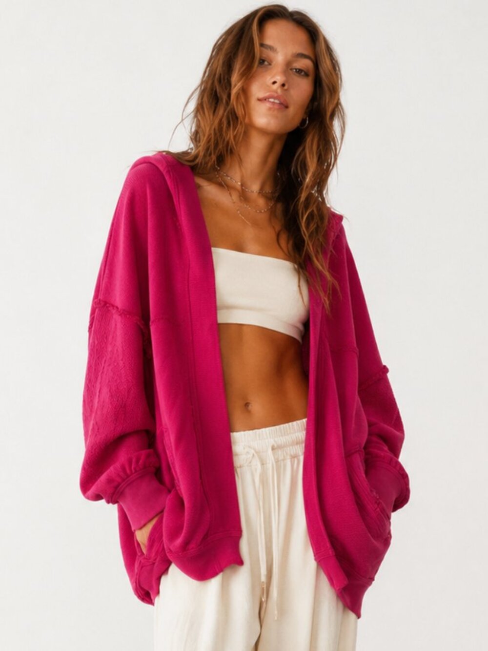 FREE PEOPLE We The Free Forever Yours Hooded Oversized Cardi Sweatshirt Magenta - Picture 4 of 10